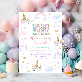 Invitation Unicorn Rainbow Sparkles Gold Anniversaire
