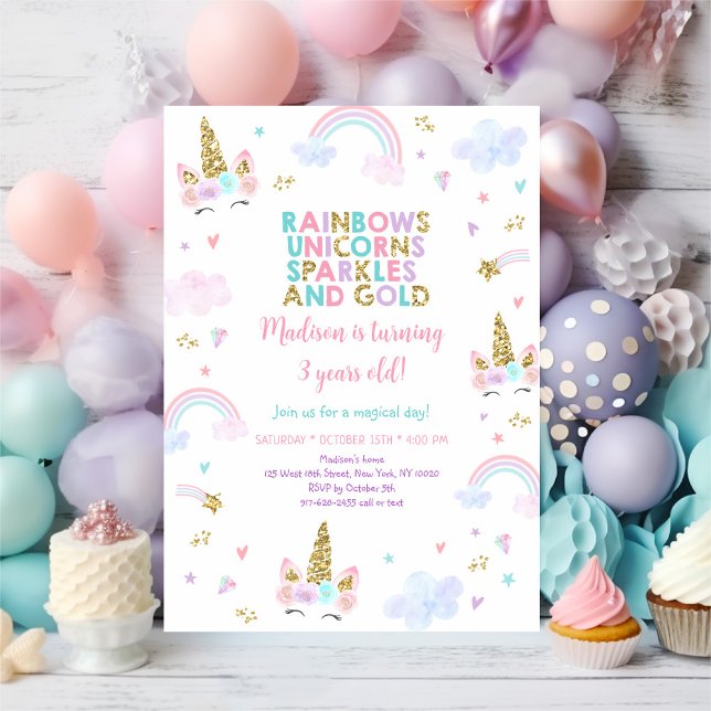 Invitation Unicorn Rainbow Sparkles Gold Anniversaire (Créateur téléchargé)