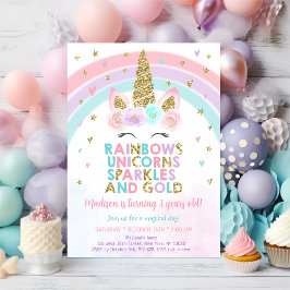 Invitation Unicorn Rainbow Sparkles Gold Anniversaire