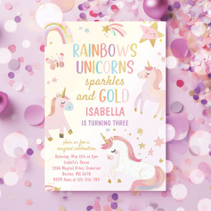 Invitation Unicorn Rainbow Sparkles Gold Anniversaire