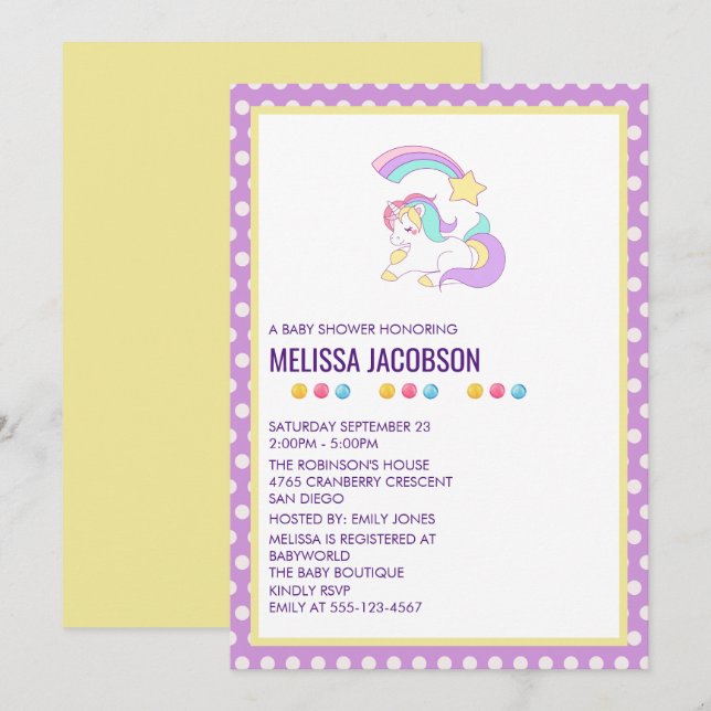 Invitation Unicorn Reting & Shooting Star Baby shower (Devant / Derrière)