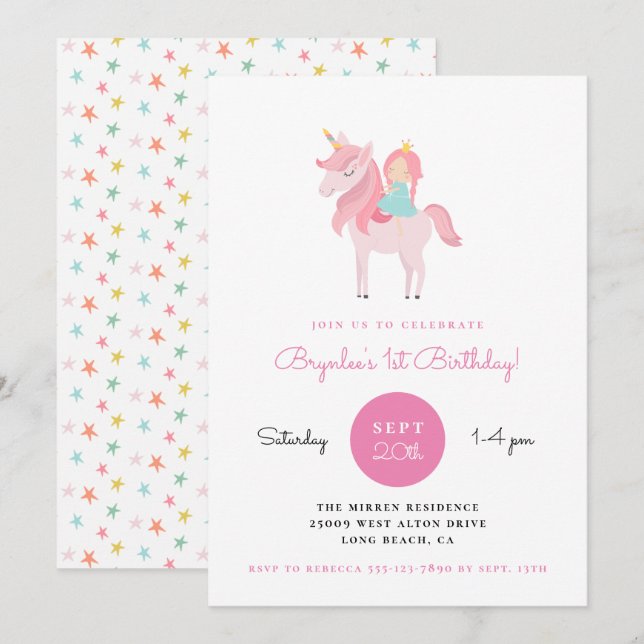 Invitation Unicorn rose Princesse Anniversaire (Devant / Derrière)