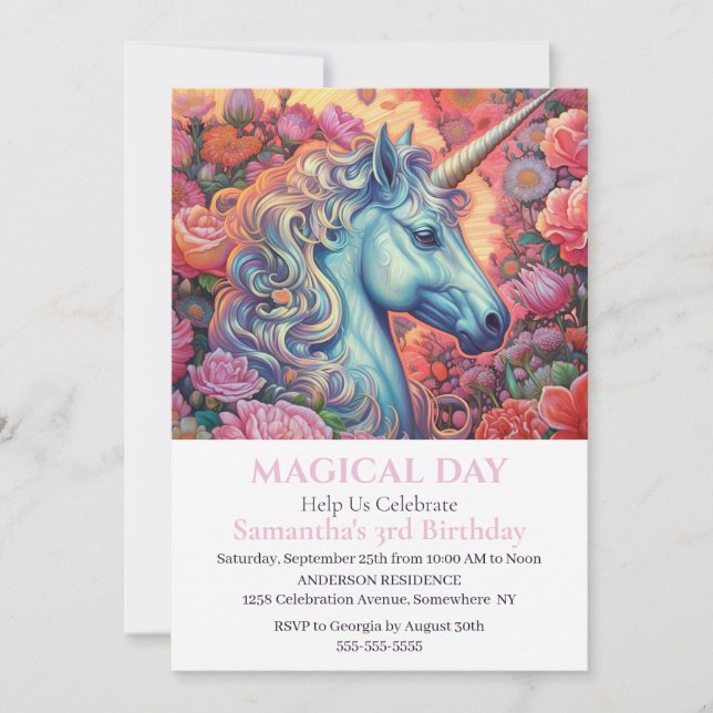 Invitation Unicorn rose Roses Party 3ème anniversaire Invitat (Devant)