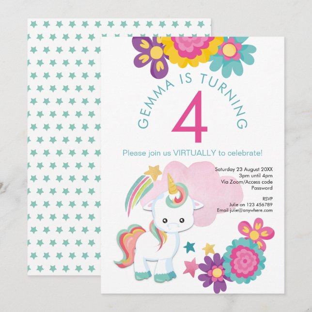 Invitation Unicorn rose Turquoise fille 4e fête virtuelle d'a (Devant / Derrière)