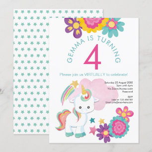 Invitation Unicorn rose Turquoise fille 4e fête virtuelle d'a