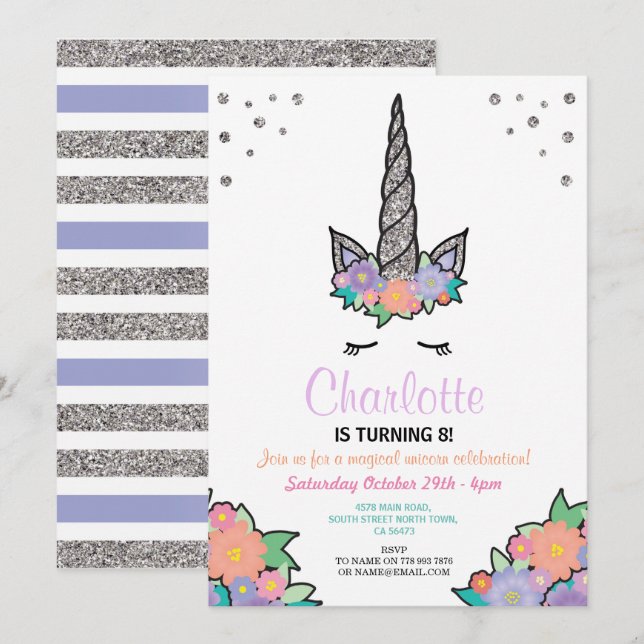 Invitation Unicorn Silver Parties scintillant Floral Annivers (Devant / Derrière)