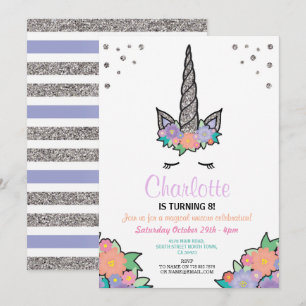 Invitation Unicorn Silver Parties scintillant Floral Annivers