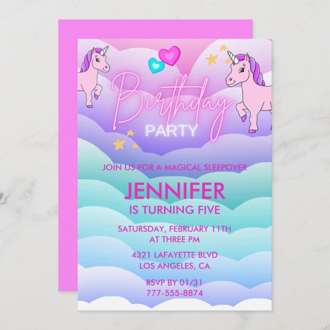 Invitation Unicorn Sleepover 5e anniversaire rose (Devant / Derrière)