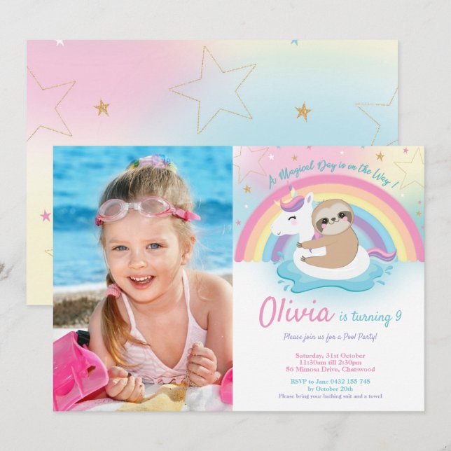 Invitation Unicorn Sloth Pool Party Birthday Girl Photo (Devant / Derrière)