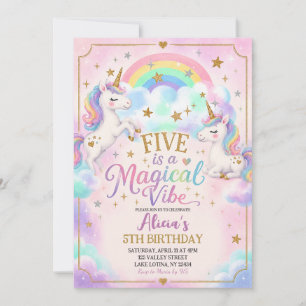Invitation Unicorn Thème Five est un 5ème Anniversaire Magiqu