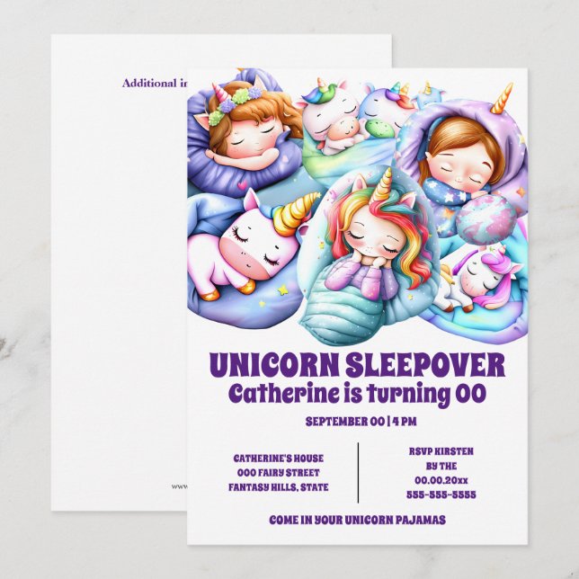 Invitation Unicorn thème sommeil pyjama slumber filles (Devant / Derrière)