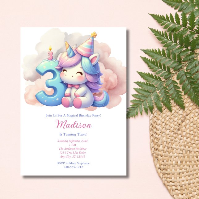 Invitation Unicorn Troisième 3ème fille rose bleu pourpre Ann (Unicorn 3rd Third Birthday Party Invitation for Girl. Pink Blue Purple, Printed or Instant Digital )