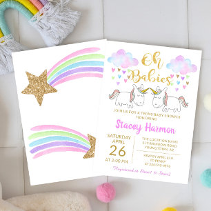 Invitation Unicorn Twins Pastel Rainbow Clouds Baby shower