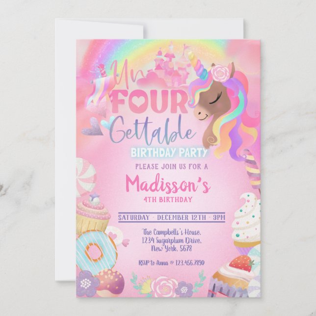 Invitation Unicorn Unfourgettable Sweet Girl 4e anniversaire (Devant)