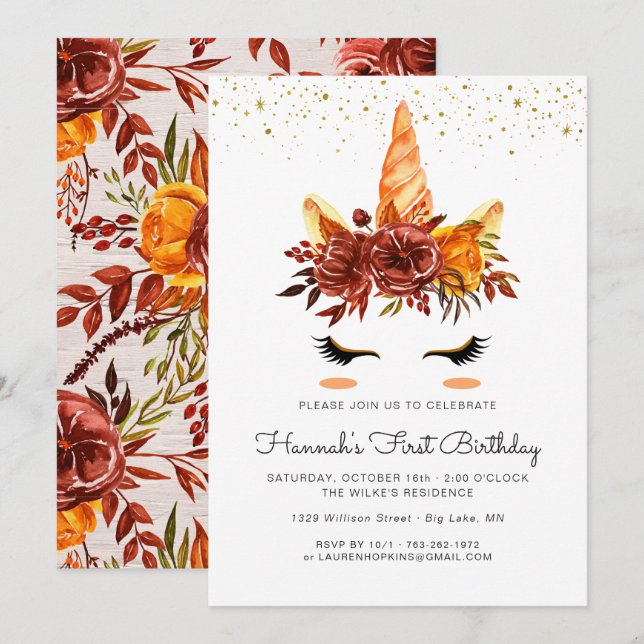 Invitation Unicorn Visage Automne Floral Anniversaire Invitat (Devant / Derrière)