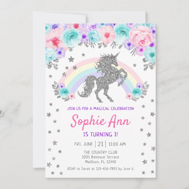 Invitation Unicorne 1er anniversaire - Argent Turquoise viole (Devant)