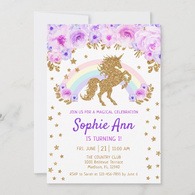 Invitation Unicorne 1er anniversaire - Gold Purple (Devant)