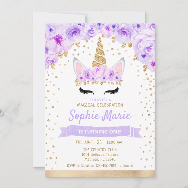 Invitation Unicorne 1er anniversaire - Gold Purple (Devant)