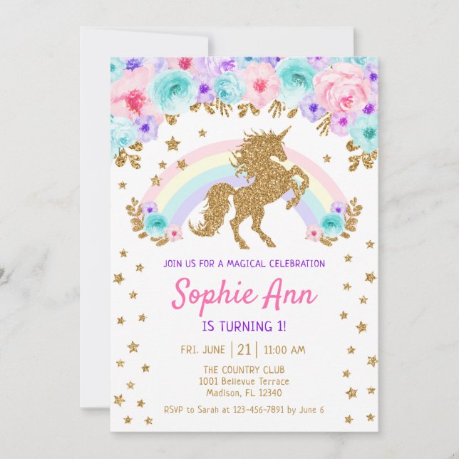 Invitation Unicorne 1er Anniversaire - Gold Turquoise violet  (Devant)