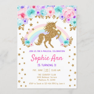 Invitation Unicorne 1er Anniversaire - Gold Turquoise violet 