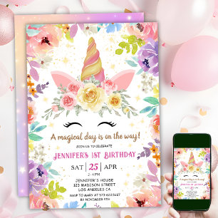 Invitation Unicorne 1er anniversaire Rose Girl Floral Rainbow