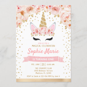 Invitation Unicorne 1er anniversaire - Rose or