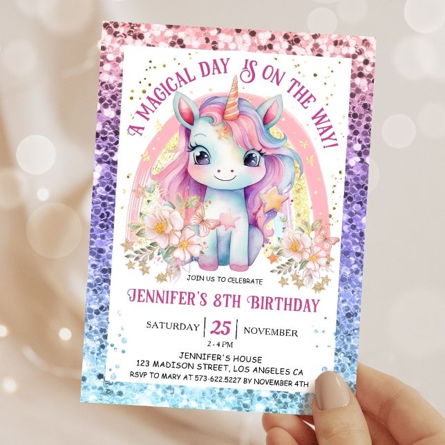 Invitation Unicorne 8e anniversaire Parties scintillant or Fl (Créateur téléchargé)