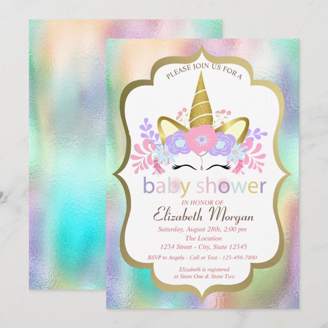 Invitation Unicorne adorable, Floral, Baby shower holographiq (Devant / Derrière)