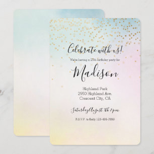Invitation Unicorne Aqua rose Jaune teint or Confetti