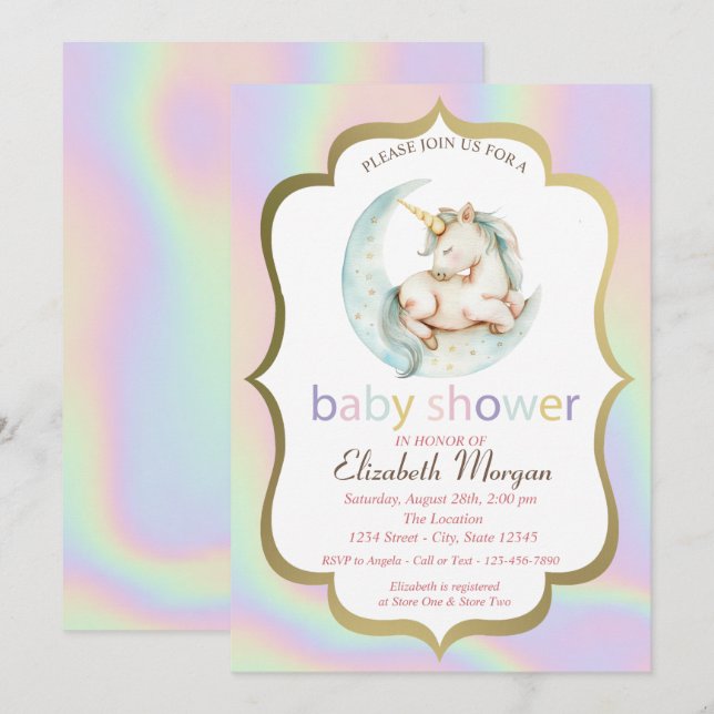 Invitation Unicorne, Baby shower holographique de la lune (Devant / Derrière)
