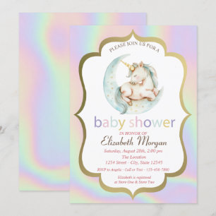 Invitation Unicorne, Baby shower holographique de la lune