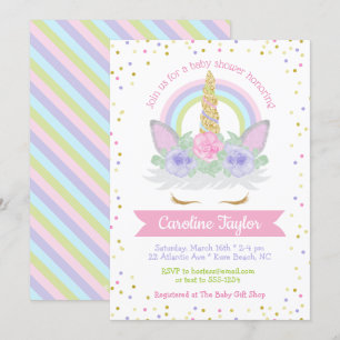 Invitation Unicorne Baby shower rose et violet arc-en-ciel