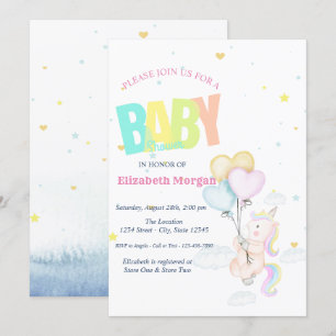 Invitation Unicorne, Ballons, Baby shower des étoiles