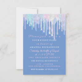 Invitation Unicorne bleu rose Quinceanera, gouttes holographi