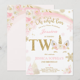 Invitation Unicorne d'hiver 2e Anniversaire rose et or Unicor