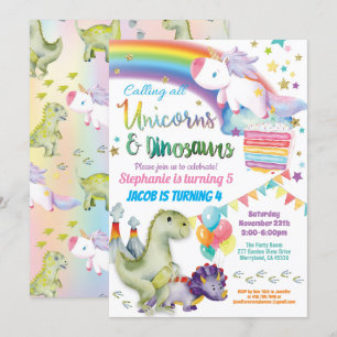 Invitation Unicorne et dinosaure joint anniversaire garçon et