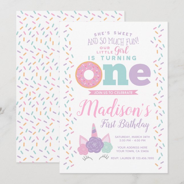 Invitation Unicorne et Donut 1er anniversaire (Devant / Derrière)