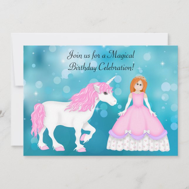 Invitation Unicorne et princesse avec cheveux rouges Annivers (Devant)