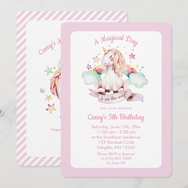 Invitation Unicorne et Rainbow Pink Aquarelle Anniversaire (Devant / Derrière)
