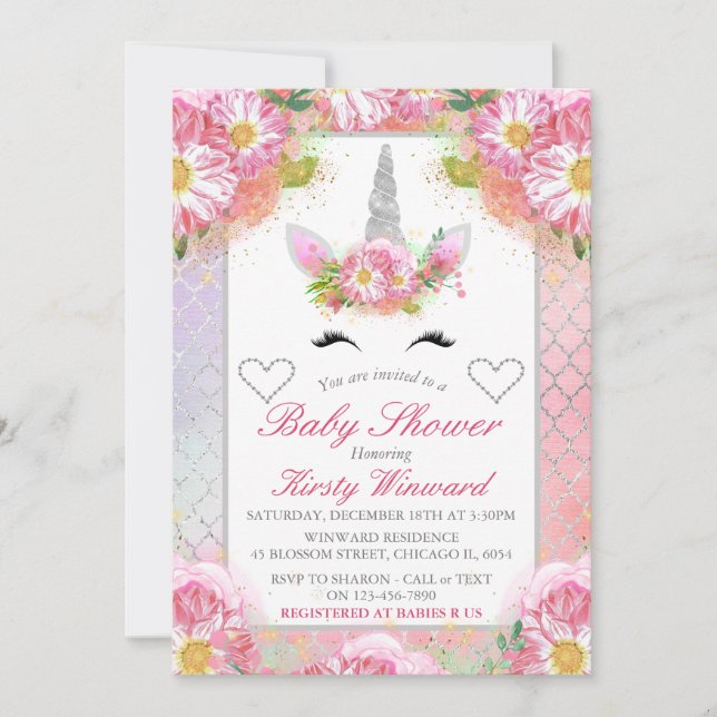 Invitation Unicorne face rose Baby shower argent (Devant)