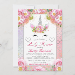 Invitation Unicorne face rose Baby shower argent