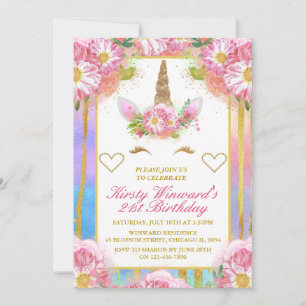 Invitation Unicorne Face rose or fête d'anniversaire