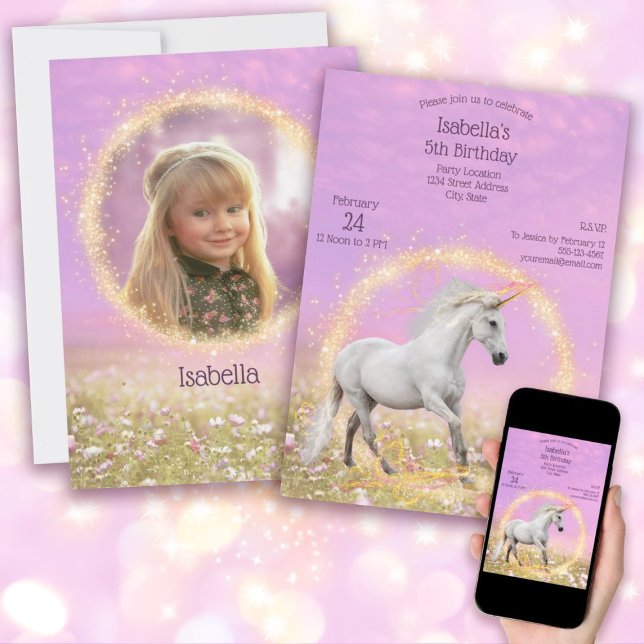 Invitation Unicorne fête d'anniversaire rose et lavande + pho (Magical Unicorn Happy Birthday Pink and Lavender Invitation Photo Template on back)