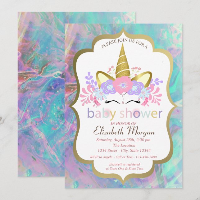 Invitation Unicorne, Floral, Baby shower Opal (Devant / Derrière)