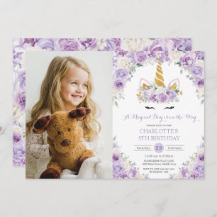 Invitation Unicorne Florale Blanche Violet 5e 7e anniversaire