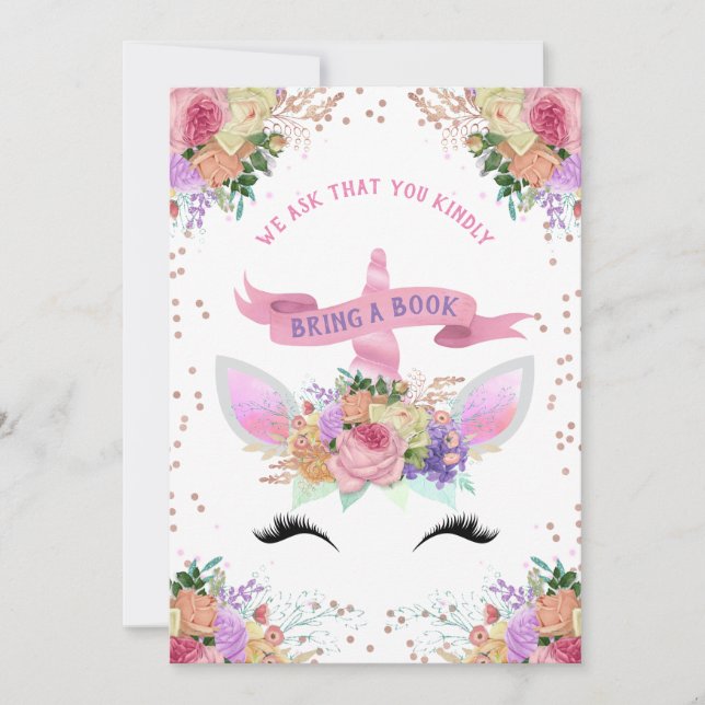 Invitation Unicorne Florale Lumineuse Apportez Un Livre (Devant)
