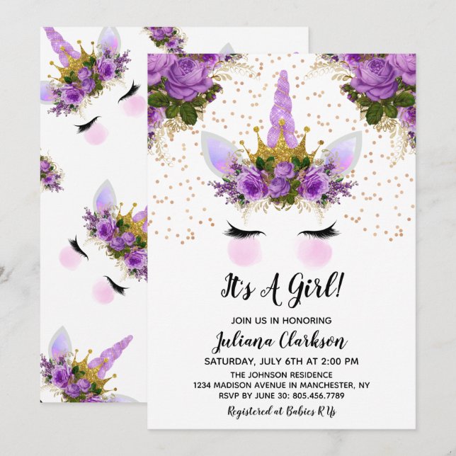 Invitation Unicorne Florale violet Baby shower Princesse (Devant / Derrière)