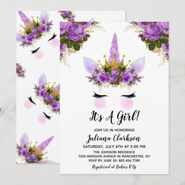 Invitation Unicorne Florale violet Baby shower Princesse (Devant / Derrière)