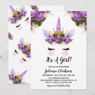 Invitation Unicorne Florale violet Baby shower Princesse