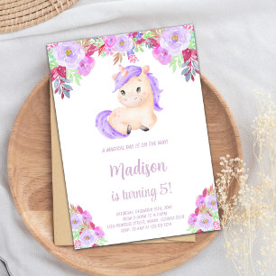 Invitation Unicorne Florale violet et rose